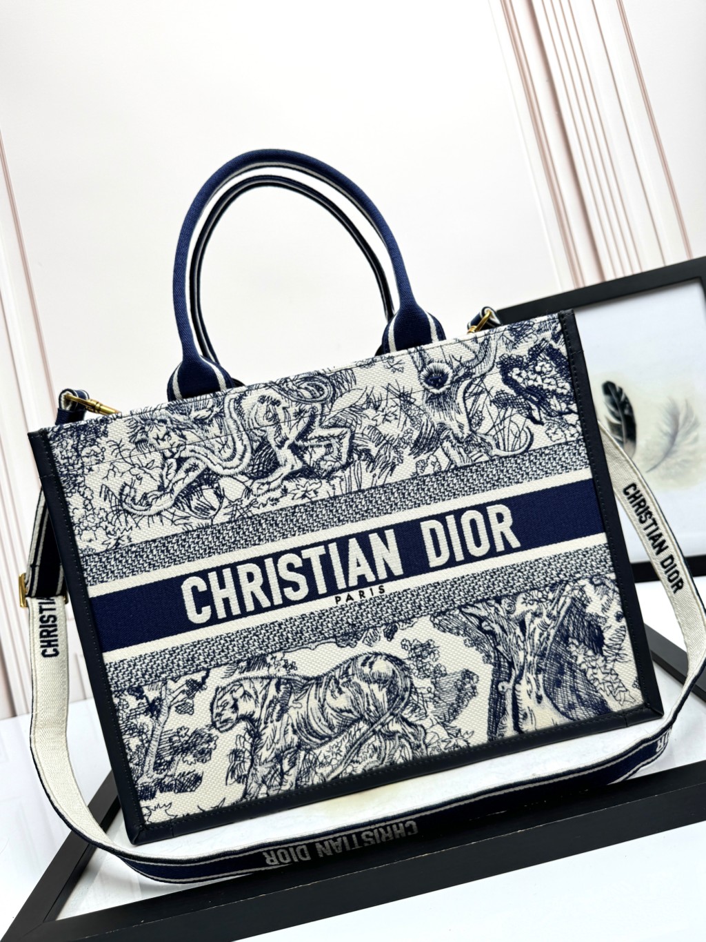 Medium Dior Book Tote Bag White and Navy Blue Toile de Jouy Reverse Embroidery with Navy Blue Calfskin